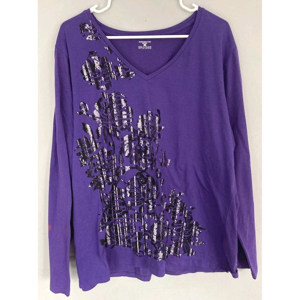 Jones New York Top Women 3X Purple Vneck Floral Long Sleeve Stretch NWT Flaw